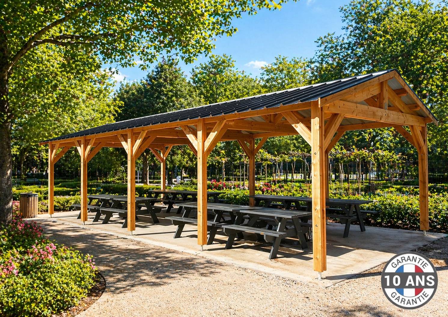 Carport SUR MESURE  deux pentes 350 cm x 10 poteaux, bois DOUGLAS Français  (Charpente en bois-auvent-abri voiture). Garantie 10 ans - Image 1