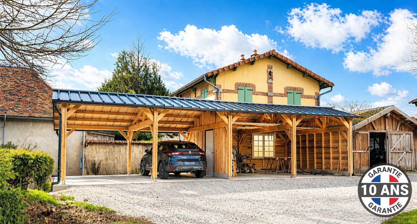 Carport SUR MESURE  deux pentes 350 cm x 10 poteaux, bois DOUGLAS Français  (Charpente en bois-auvent-abri voiture). Garantie 10 ans - Image 2