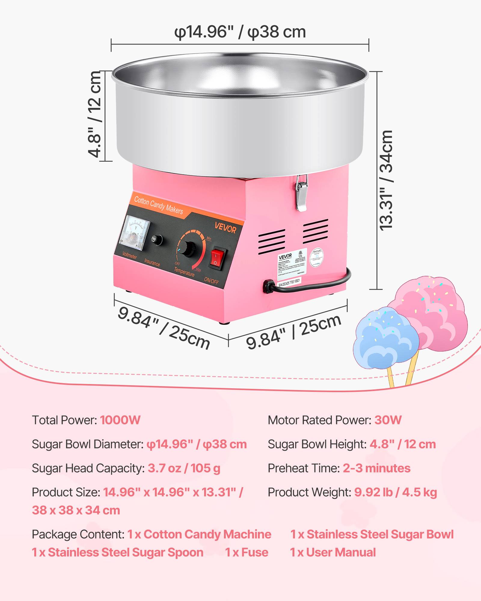 VEVOR Machine barbe à papa électrique 1000 W, bol inox 38 cm, cuillère. Rose. - Image 7