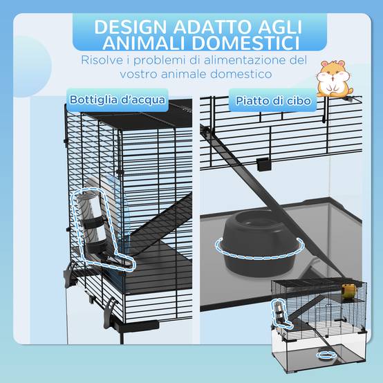 Cage hamster 3 niveaux en acier et verre pour rongeurs avec accessoires 60x40x57cm noir - ComfortXL Outdoor Living - Image 7