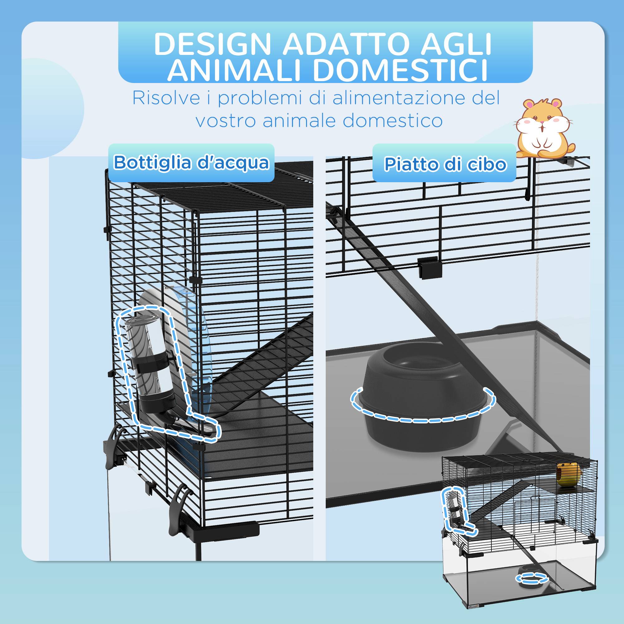 Cage hamster 3 niveaux en acier et verre pour rongeurs avec accessoires 60x40x57cm noir - ComfortXL Outdoor Living - Image 7