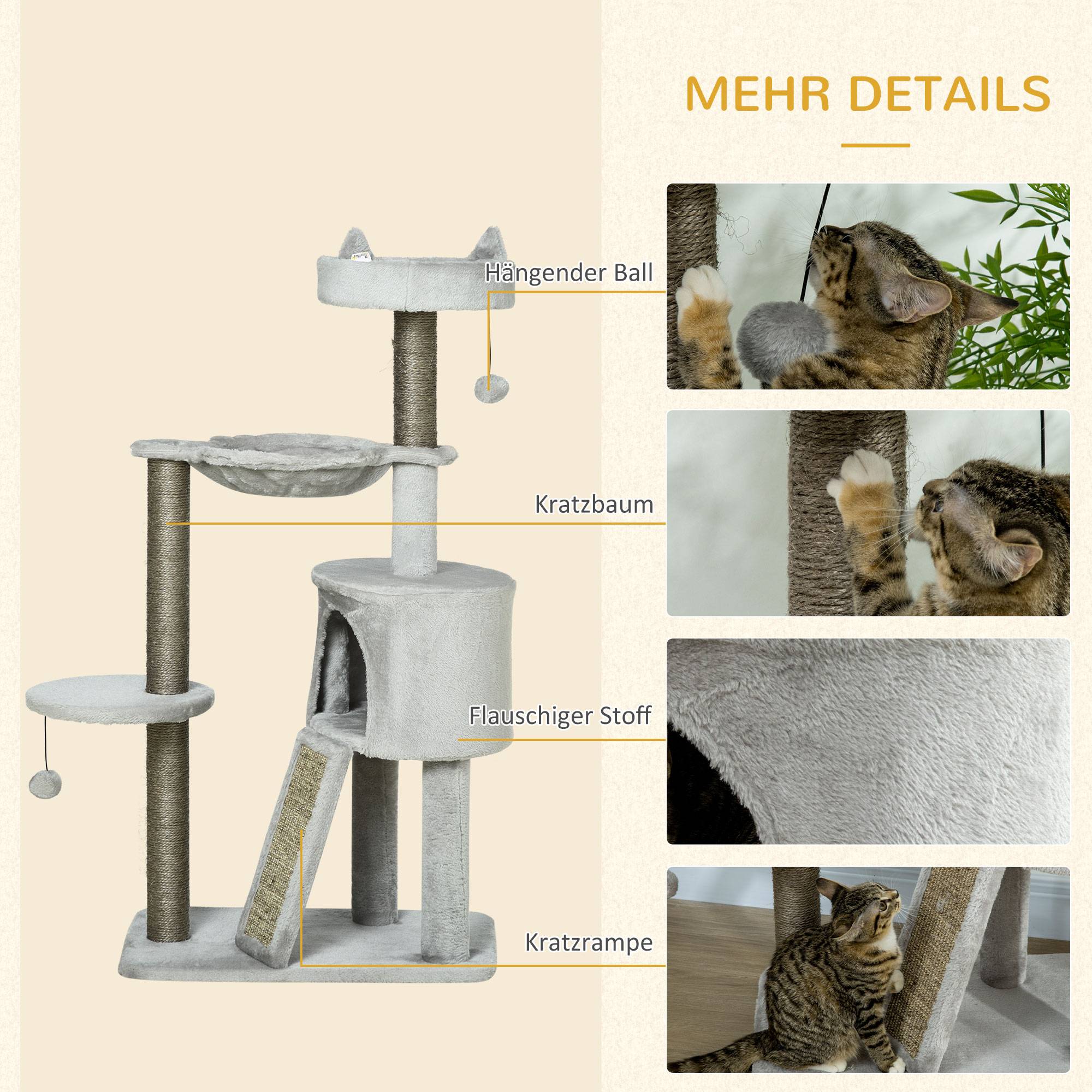 Arbre à chat niche panier hamac jouet 60x40x113 cm gris clair - Image 8