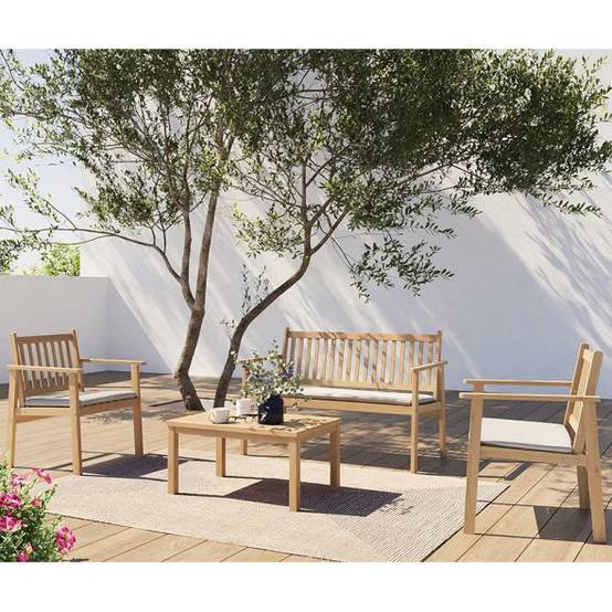 Salon de jardin RIO 4 places en bois d'acacia blanchi FSC avec coussins écru Beau Rivage - Image 2