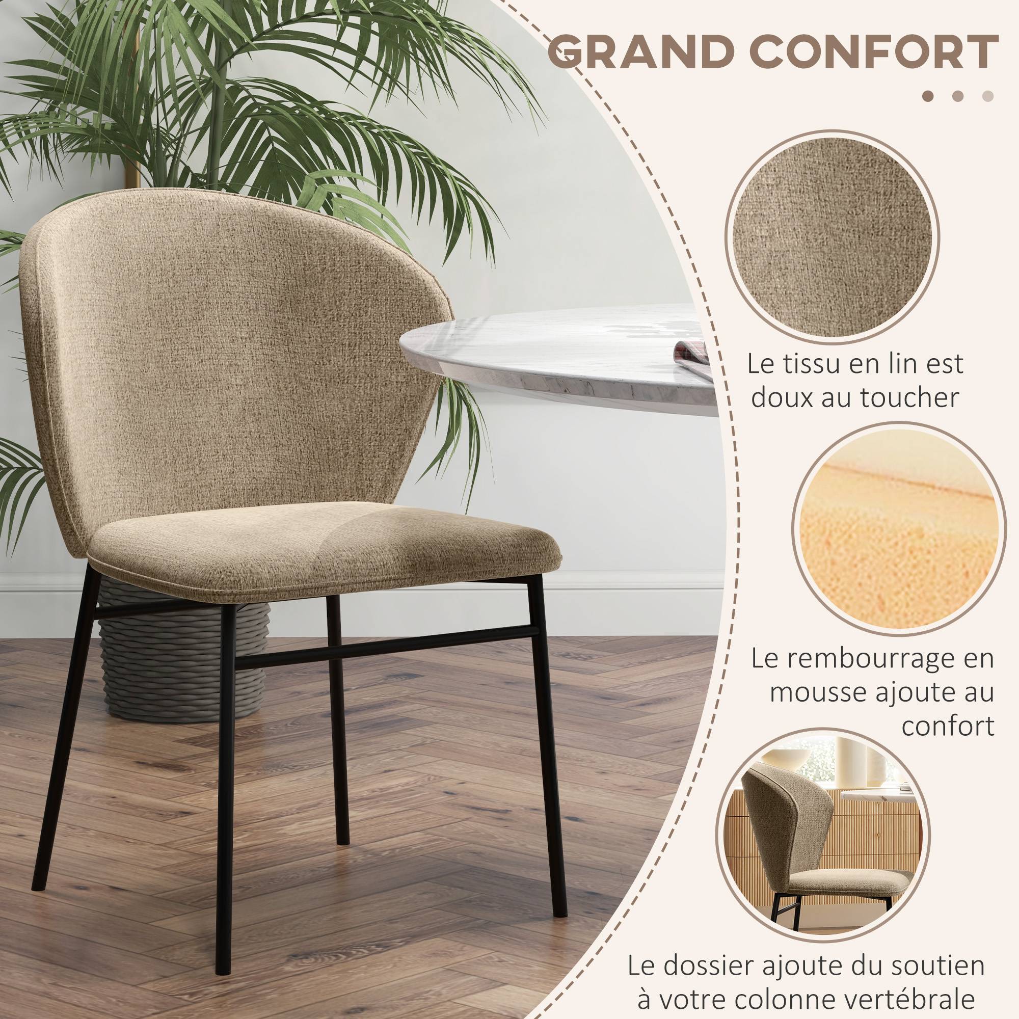 Lot de 2 chaises de salle à manger assise rembourrée en tissu aspect lin pieds en acier stable design moderne marron clair - Image 7