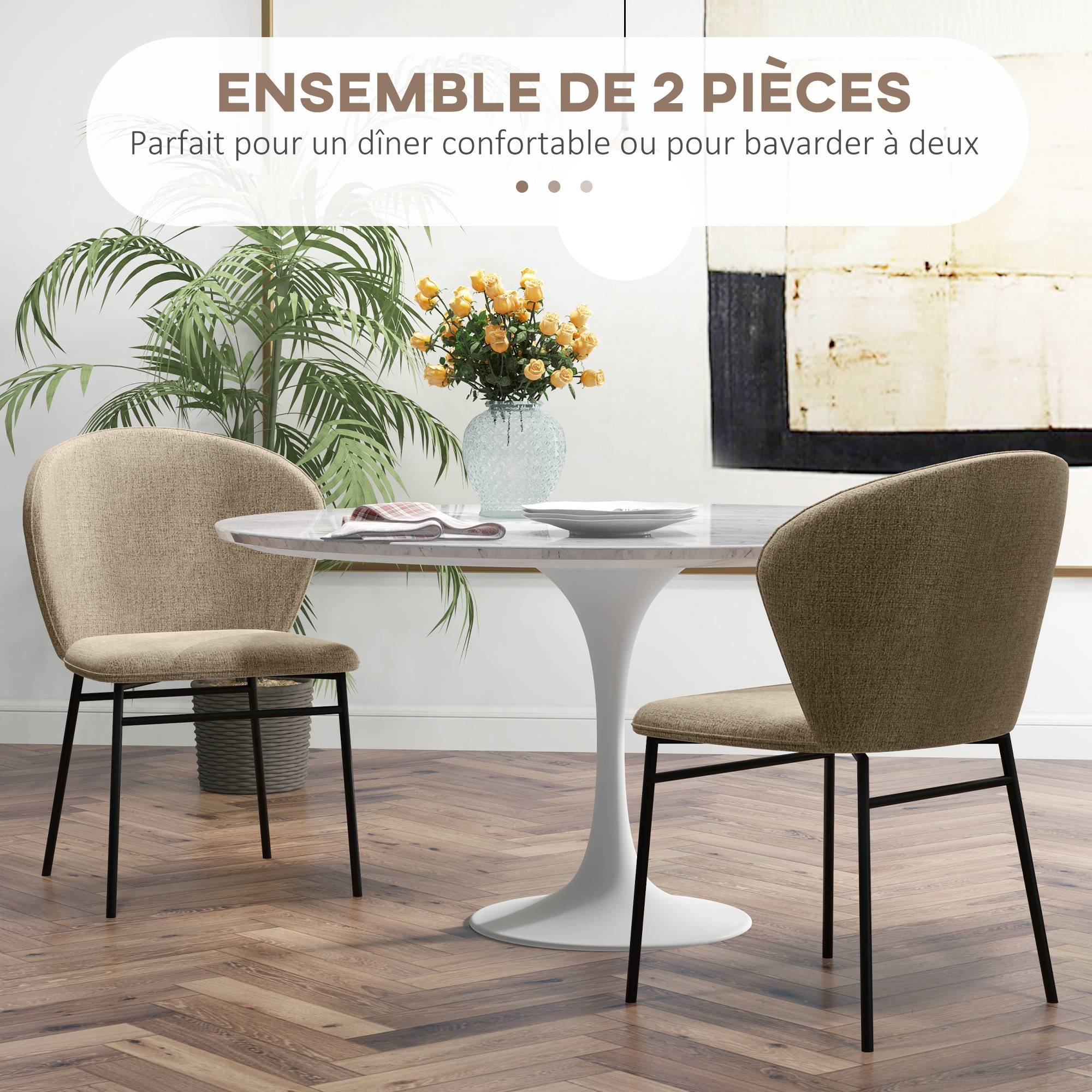 Lot de 2 chaises de salle à manger assise rembourrée en tissu aspect lin pieds en acier stable design moderne marron clair - Image 6