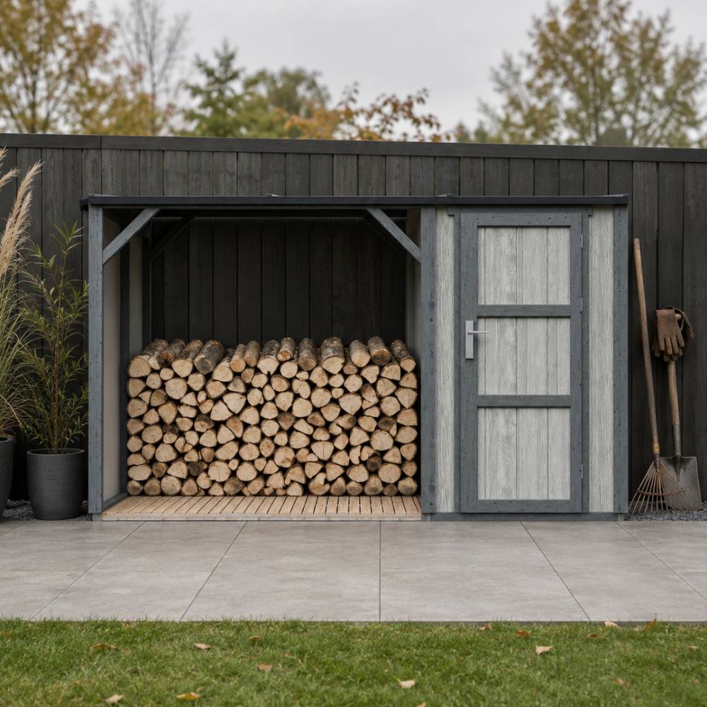 Timbela - Abri à bûches avec remise - 4,14 m² - 345x120xH220 cm - Abri pour bois de chauffage avec rangement - 10 mm d’épaisseur - M985-TUNDRA CAVERN - Timbela - Image 1