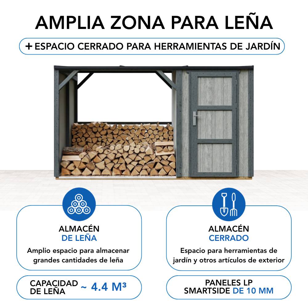 Timbela - Abri à bûches avec remise - 4,14 m² - 345x120xH220 cm - Abri pour bois de chauffage avec rangement - 10 mm d’épaisseur - M985-TUNDRA CAVERN - Timbela - Image 10