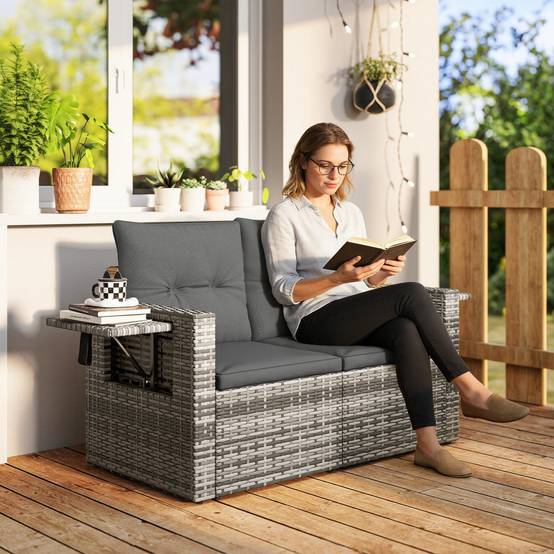 Canapé de jardin 2 places en rotin pliable avec plateaux latéraux, coussins amovibles, Gris clair - Image 2