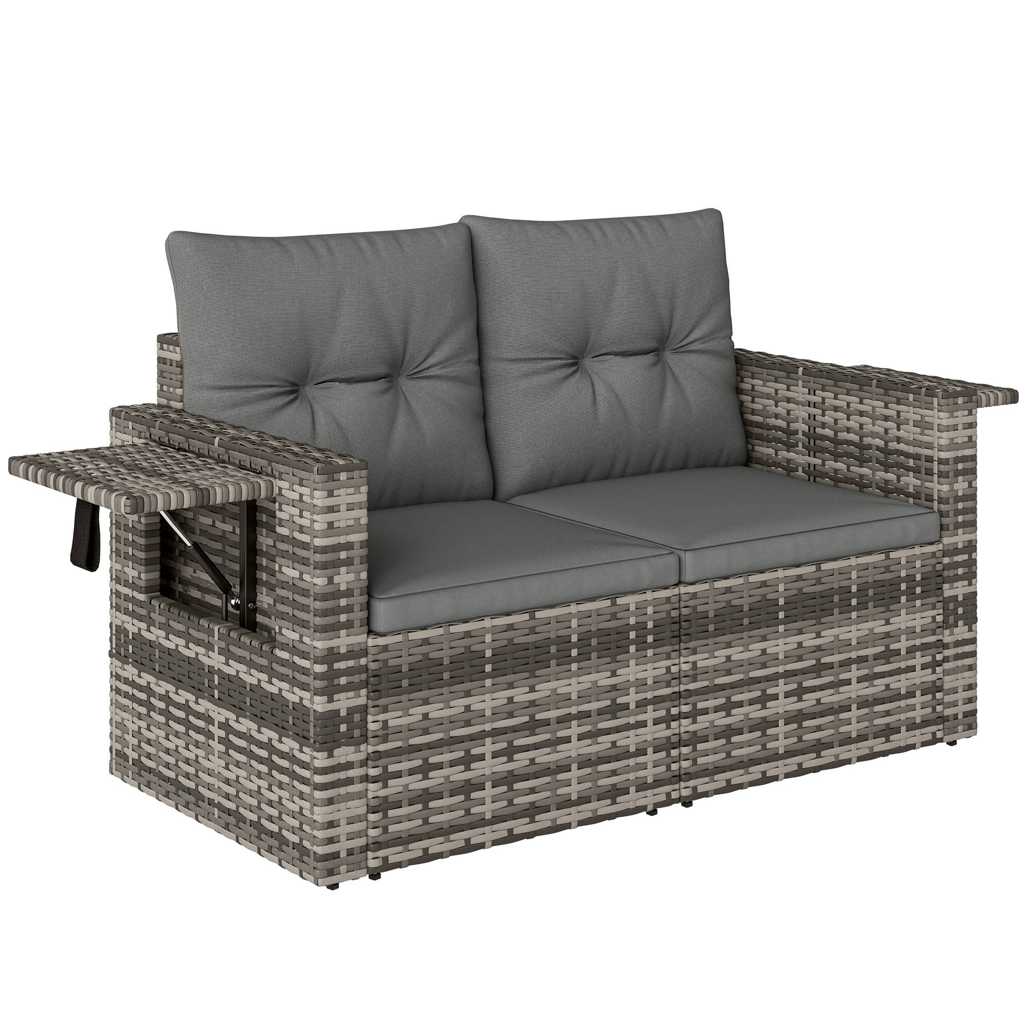 Canapé de jardin 2 places en rotin pliable avec plateaux latéraux, coussins amovibles, Gris clair - Image 1