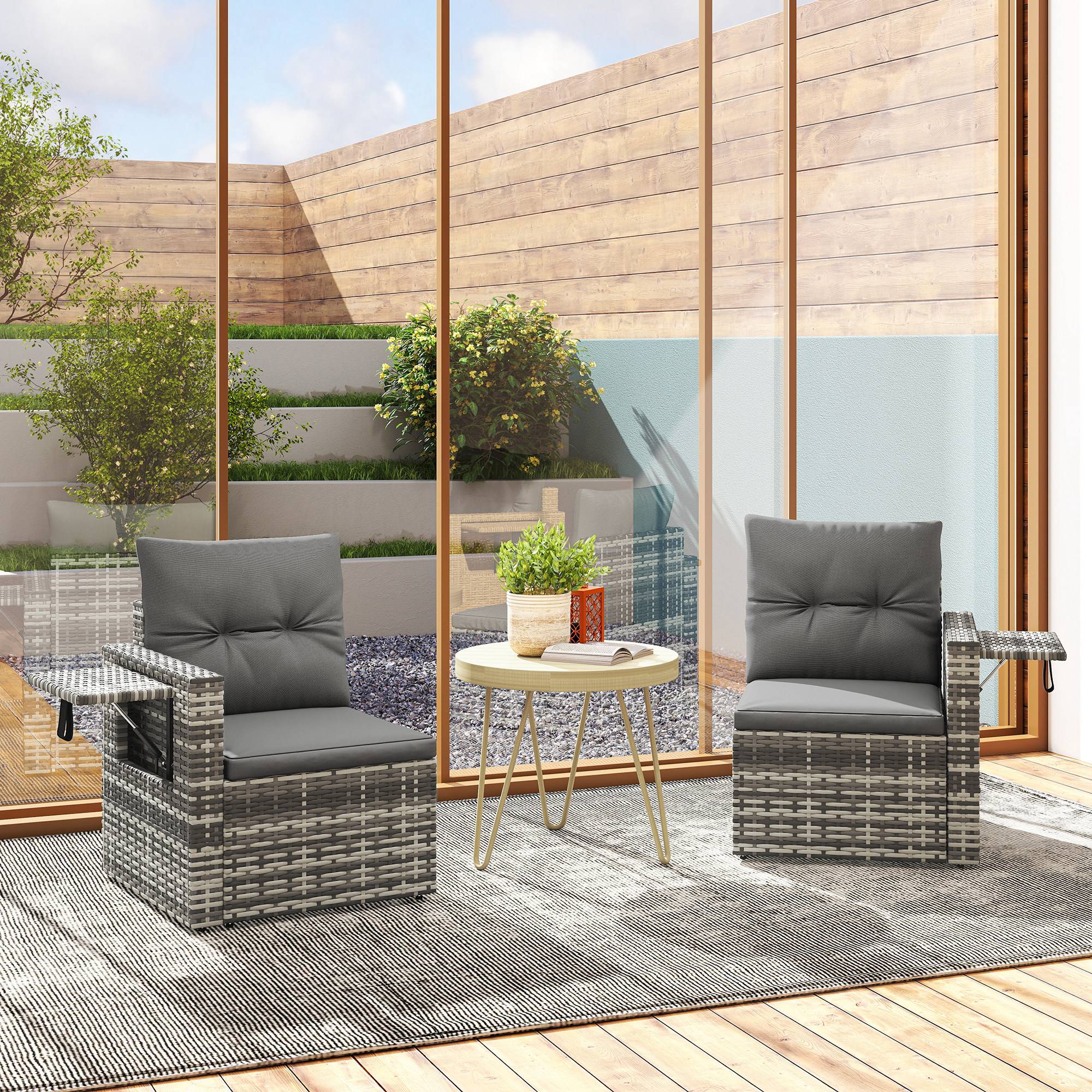 Canapé de jardin 2 places en rotin pliable avec plateaux latéraux, coussins amovibles, Gris clair - Image 9