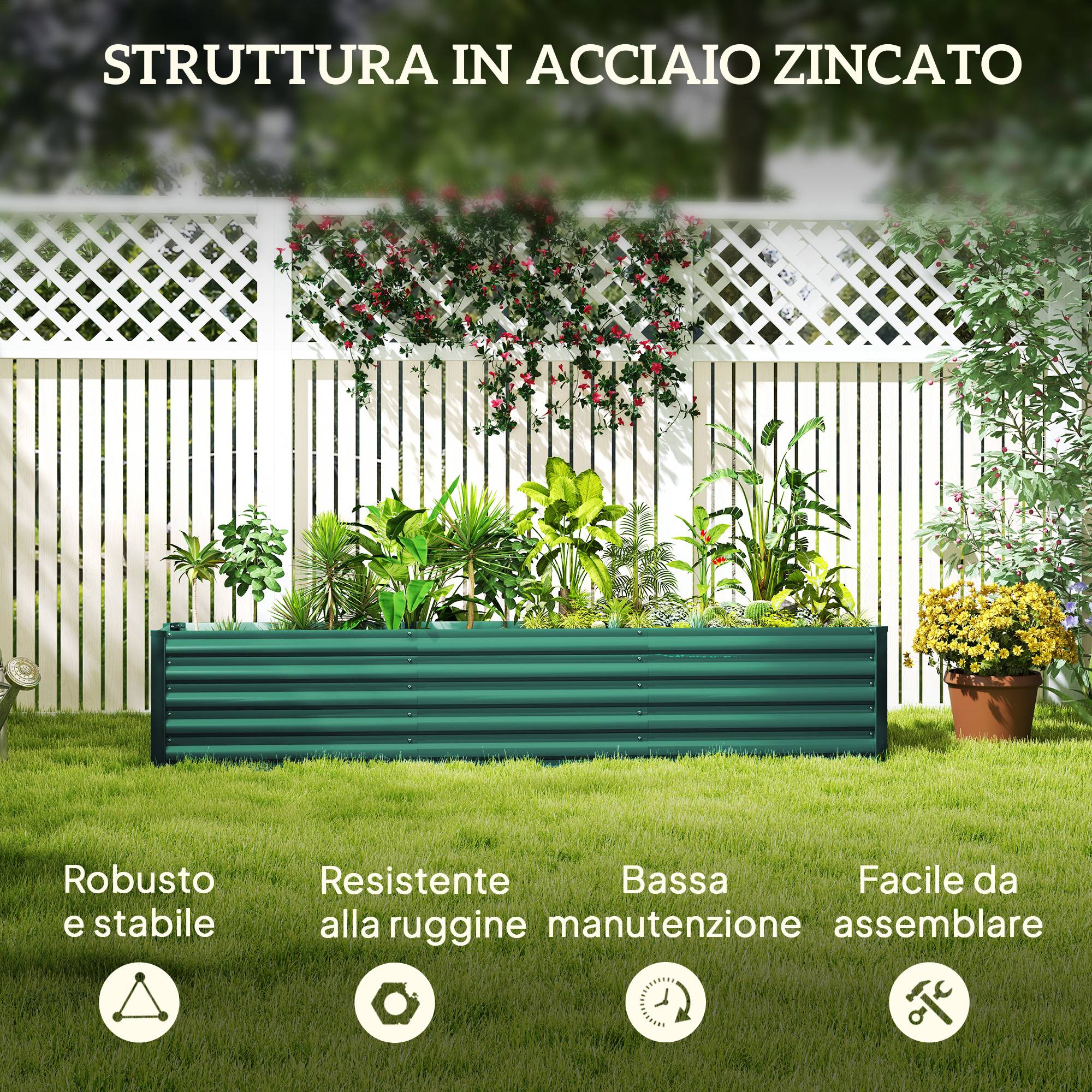 Grand carré potager acier galvanisé extérieur fond ouvert 240x40x45cm vert - ComfortXL Outdoor Living - Image 7