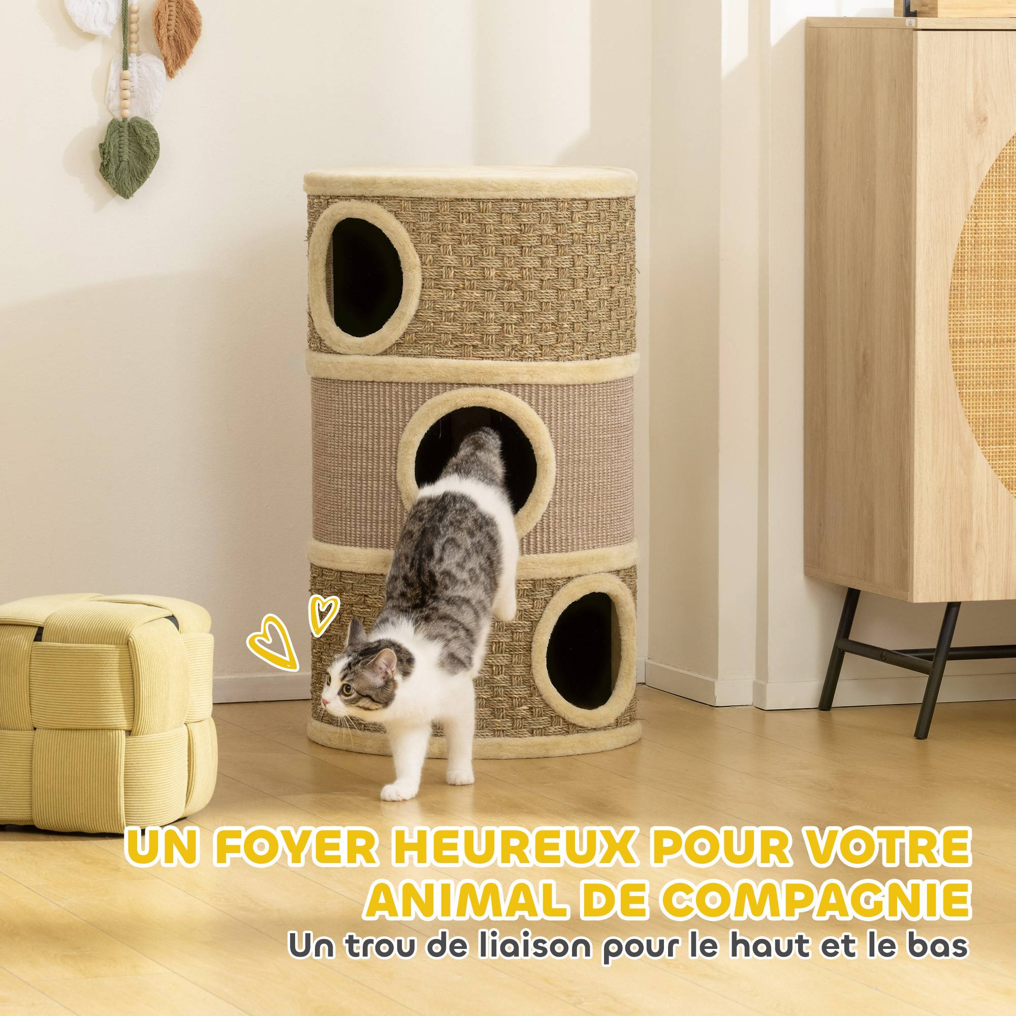 ComfortXL - Tonneau griffoir chat sisal 45x45x79 cm kaki 3 niveaux repos griffage intérieur - ComfortXL Outdoor Living - Image 5