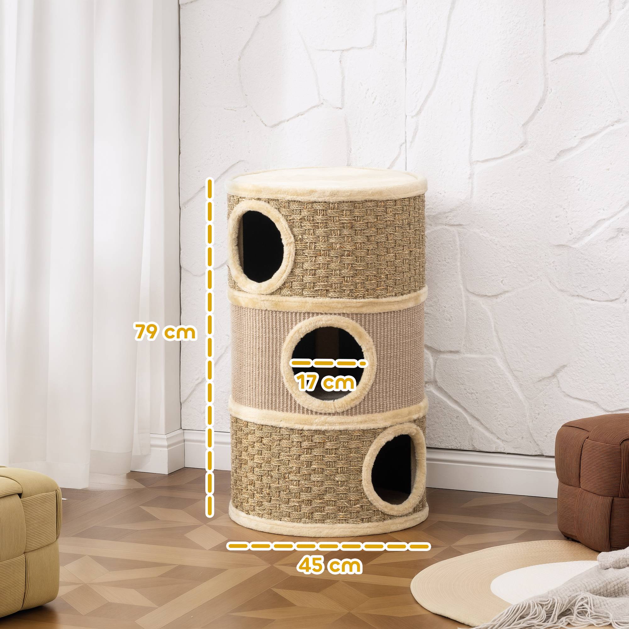 ComfortXL - Tonneau griffoir chat sisal 45x45x79 cm kaki 3 niveaux repos griffage intérieur - ComfortXL Outdoor Living - Image 4