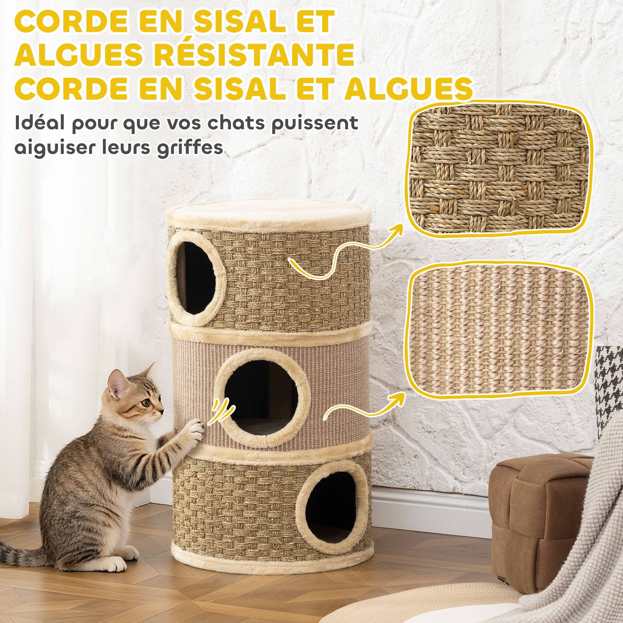 ComfortXL - Tonneau griffoir chat sisal 45x45x79 cm kaki 3 niveaux repos griffage intérieur - ComfortXL Outdoor Living - Image 7