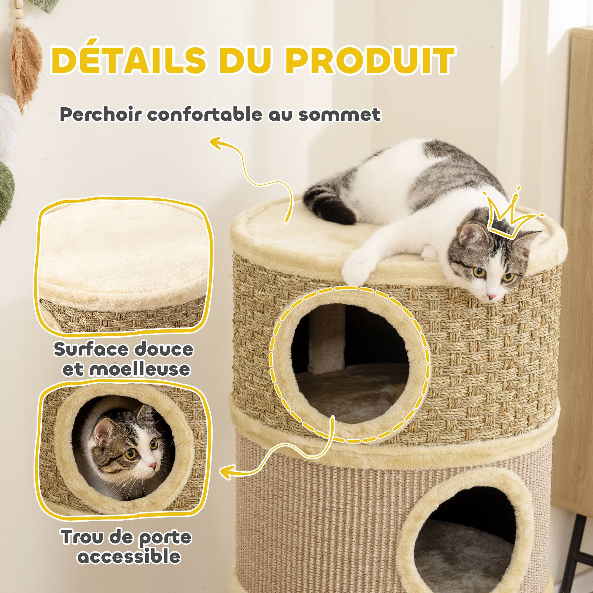 ComfortXL - Tonneau griffoir chat sisal 45x45x79 cm kaki 3 niveaux repos griffage intérieur - ComfortXL Outdoor Living - Image 6