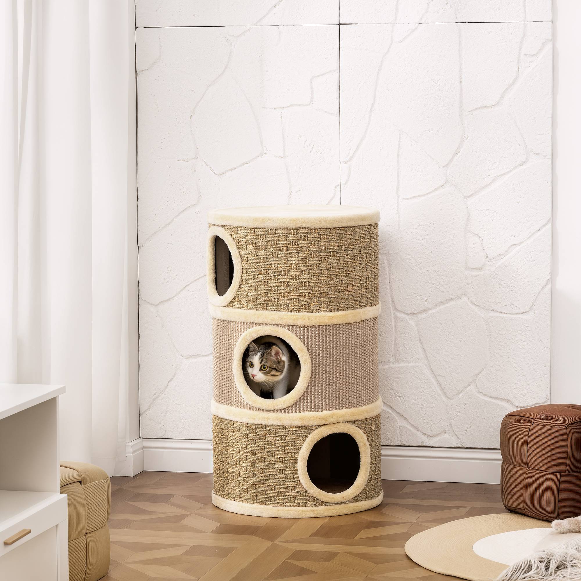 ComfortXL - Tonneau griffoir chat sisal 45x45x79 cm kaki 3 niveaux repos griffage intérieur - ComfortXL Outdoor Living - Image 3