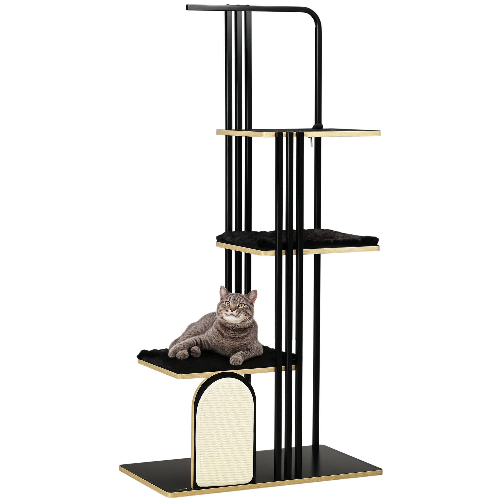 arbre à chat design industriel 3 plateformes 2 coussins mur griffoir acier noir 85x48x170 cm chat moderne - Image 1