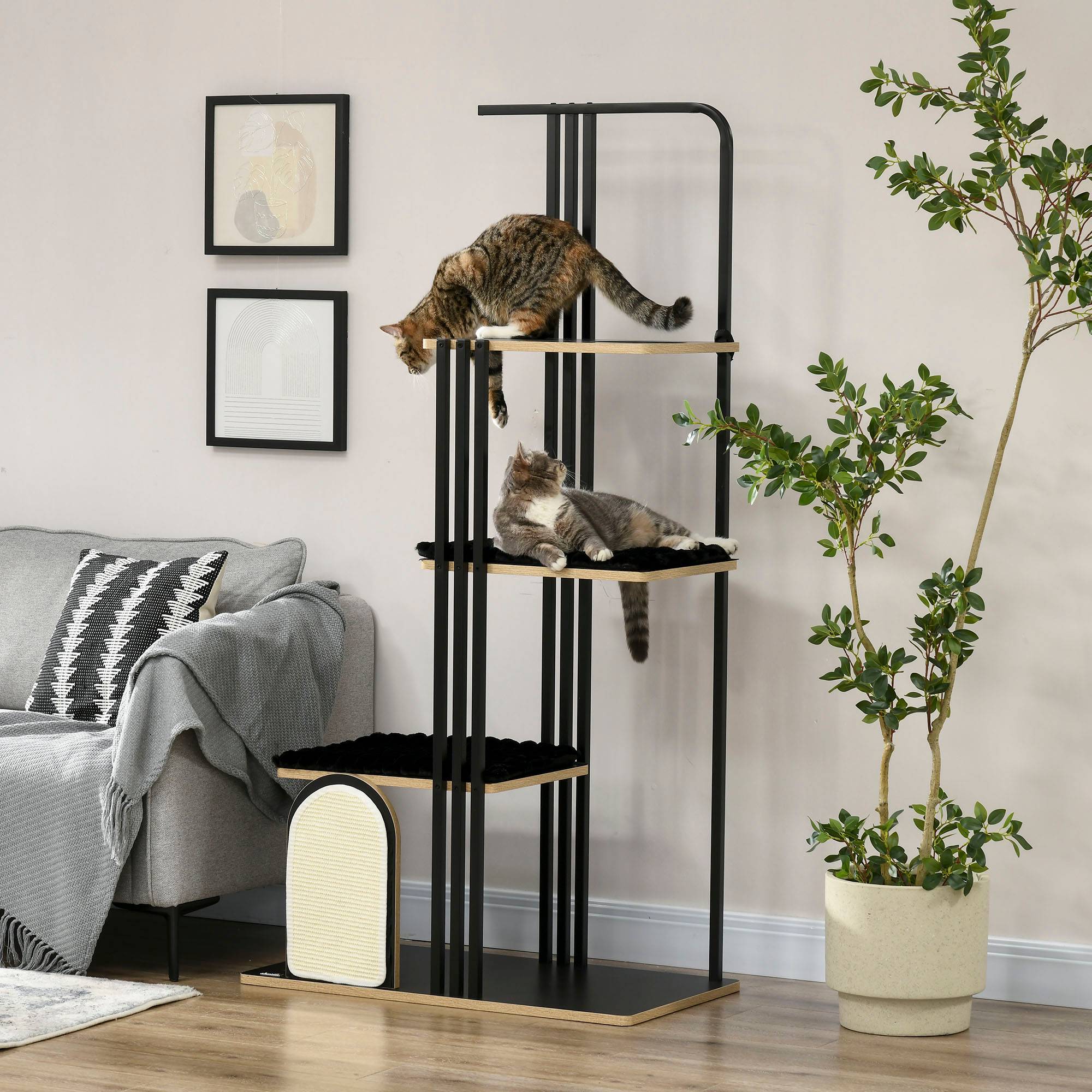 arbre à chat design industriel 3 plateformes 2 coussins mur griffoir acier noir 85x48x170 cm chat moderne - Image 3