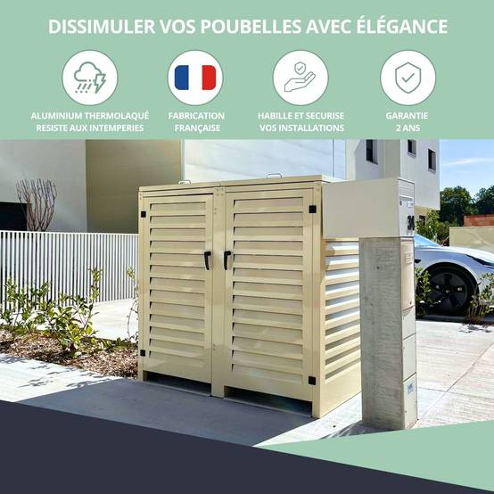 Cache Poubelle Extérieur Double en Aluminium thermolaqué - Abri pour 2 conteneurs 360 Litres – Crème RAL 1015 - Image 7
