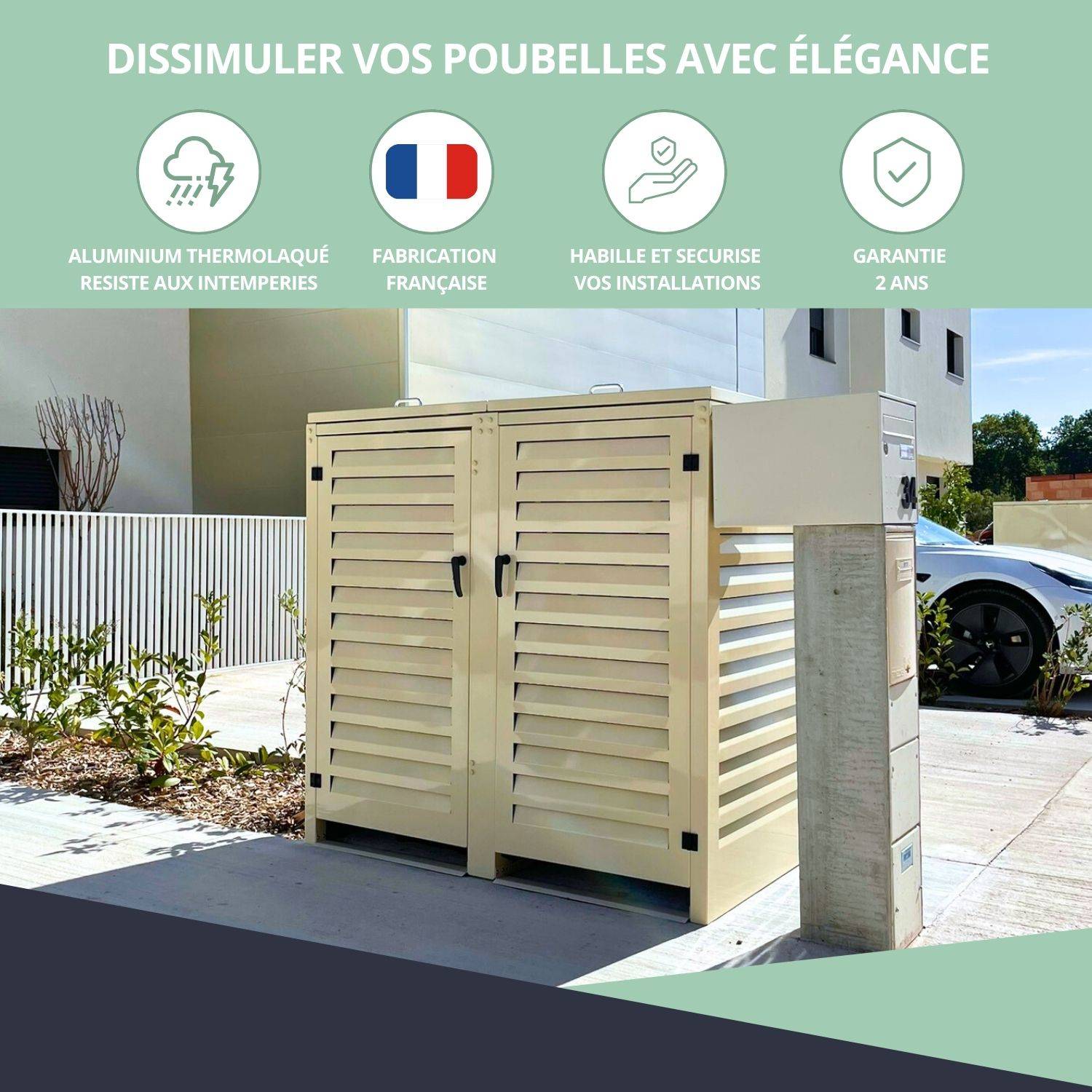 Cache Poubelle Extérieur Double en Aluminium thermolaqué - Abri pour 2 conteneurs 360 Litres – Crème RAL 1015 - Image 7