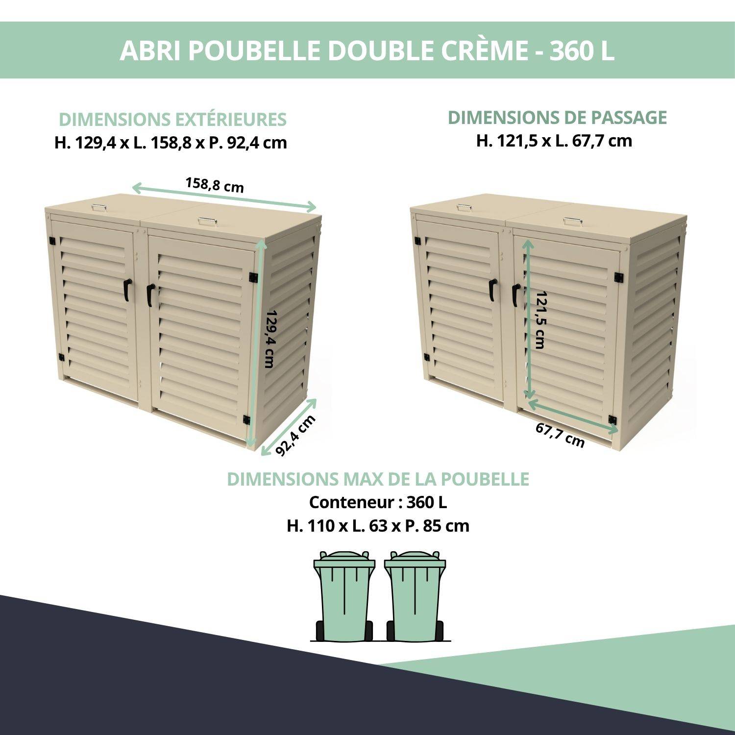 Cache Poubelle Extérieur Double en Aluminium thermolaqué - Abri pour 2 conteneurs 360 Litres – Crème RAL 1015 - Image 3