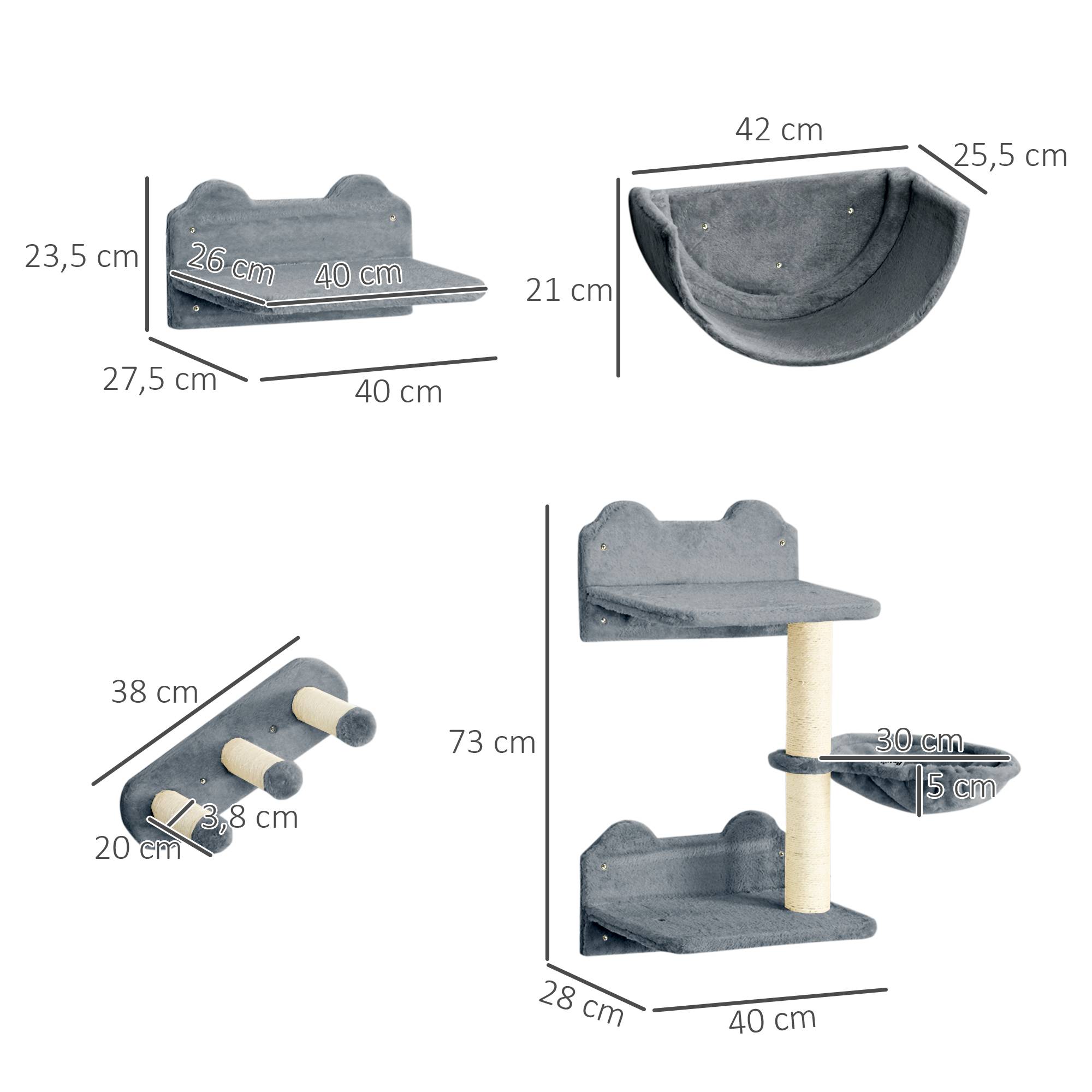 Pawhut - Mur d'escalade pour chat - arbre à chat design mural - griffoirs, plateformes, 2 paniers, échelle - sisal peluche gris - Image 3