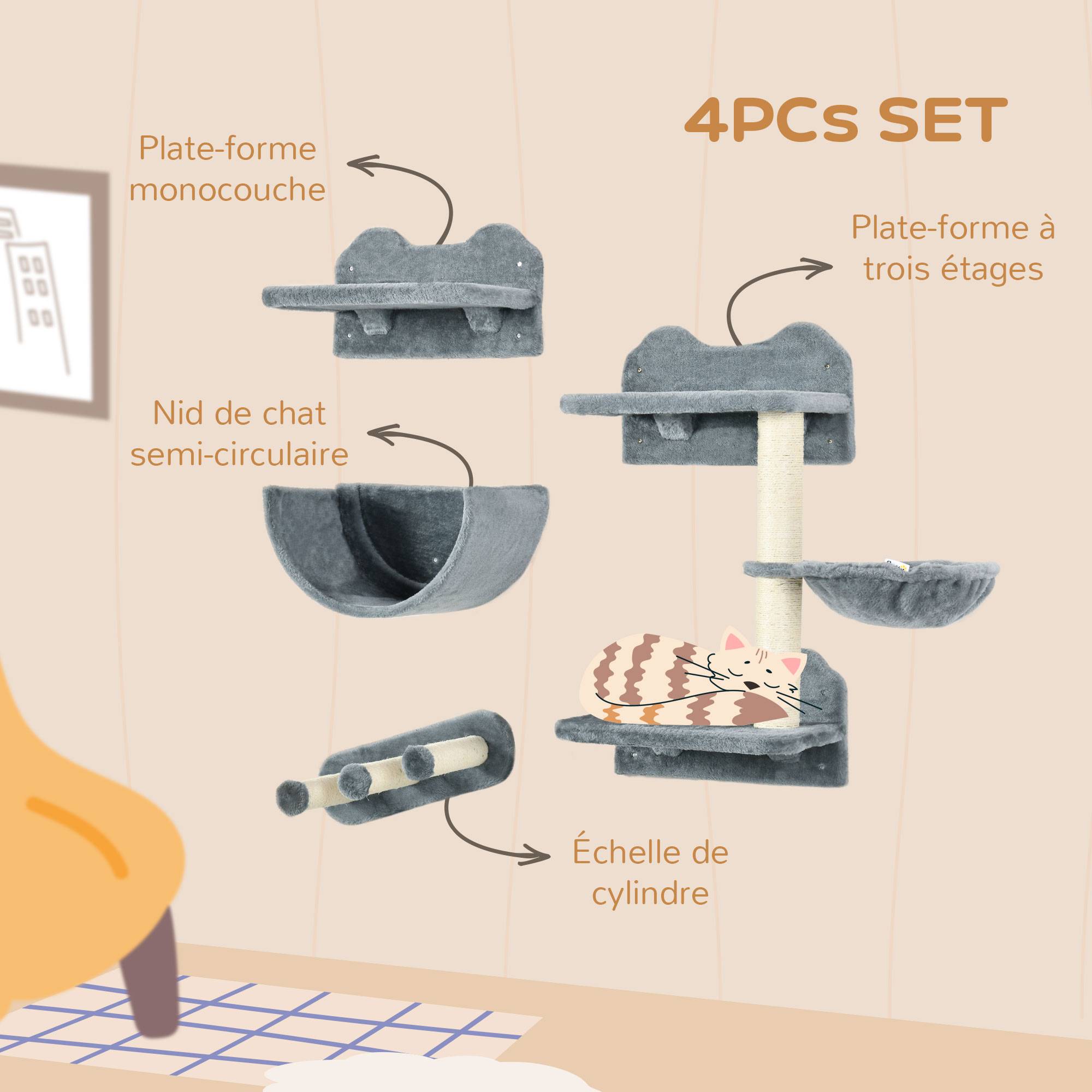 Pawhut - Mur d'escalade pour chat - arbre à chat design mural - griffoirs, plateformes, 2 paniers, échelle - sisal peluche gris - Image 5