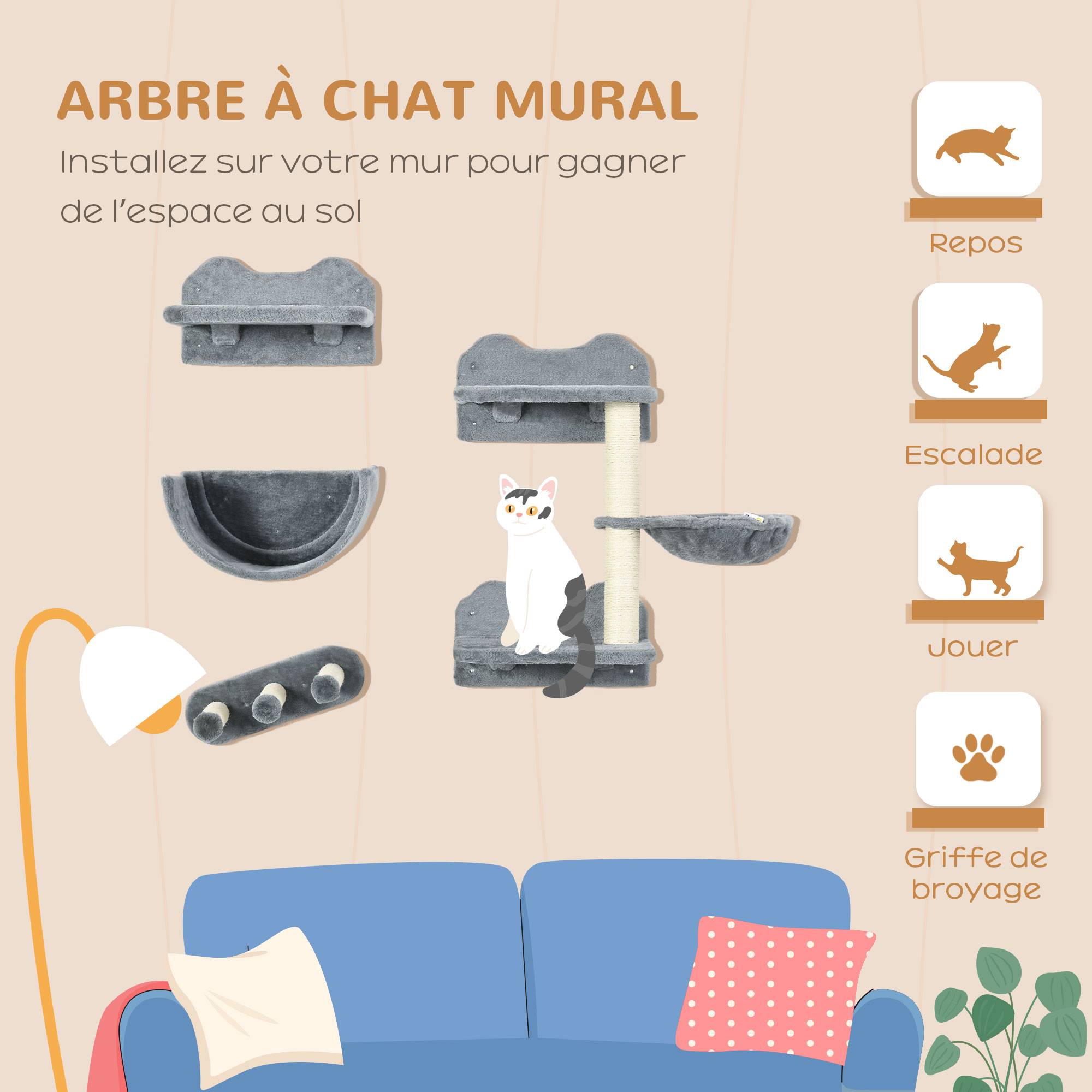 Pawhut - Mur d'escalade pour chat - arbre à chat design mural - griffoirs, plateformes, 2 paniers, échelle - sisal peluche gris - Image 4