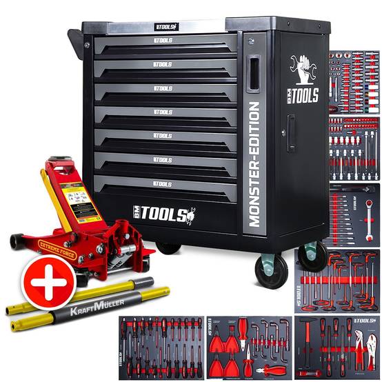 Servante d'atelier BM TOOLS 9/7 MONSTER-EDITION-GREY 7 tiroirs pleins 257 outils + Cric hydraulique Kraft Muller 2,25T ROUGE - Image 1