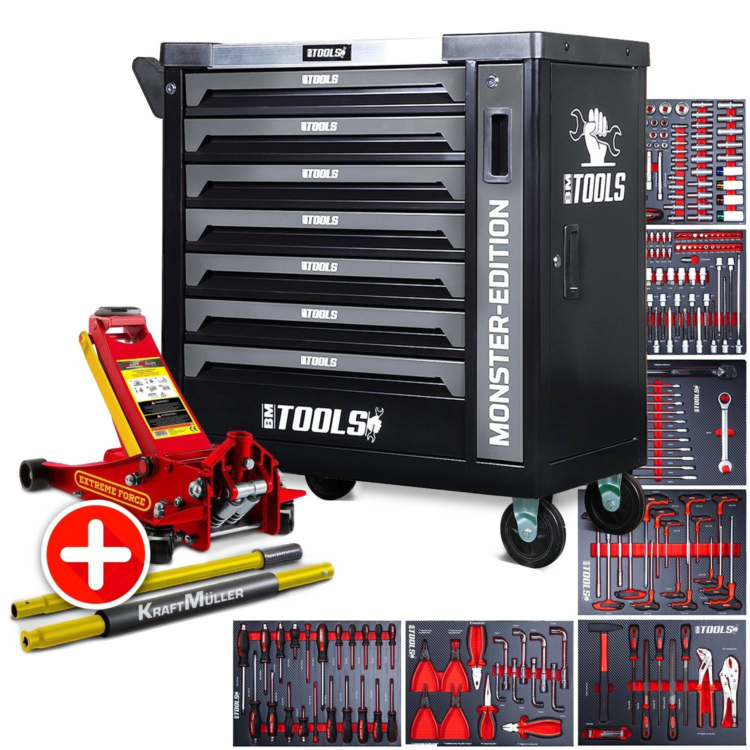 Servante d'atelier BM TOOLS 9/7 MONSTER-EDITION-GREY 7 tiroirs pleins 257 outils + Cric hydraulique Kraft Muller 2,25T ROUGE - Image 1