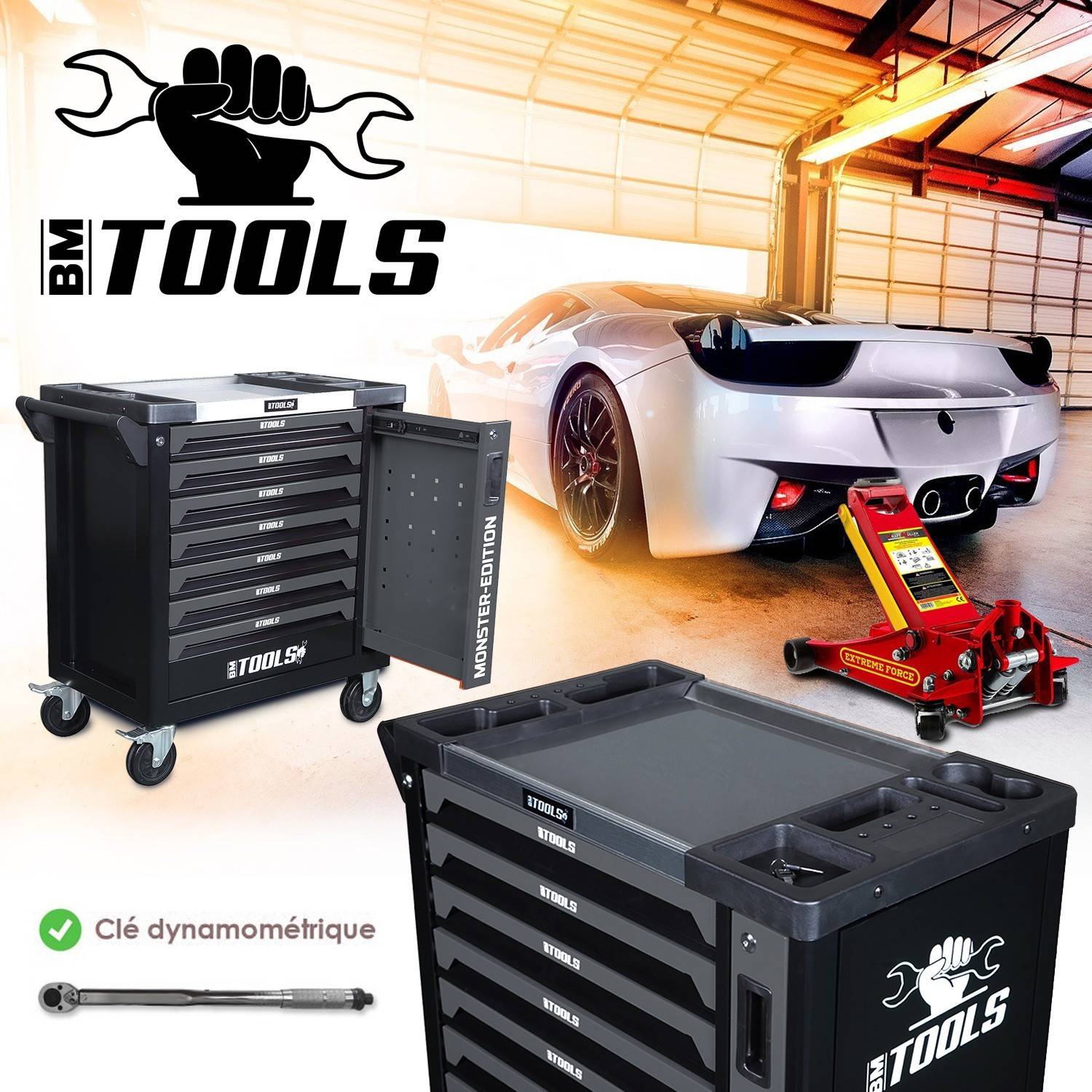 Servante d'atelier BM TOOLS 9/7 MONSTER-EDITION-GREY 7 tiroirs pleins 257 outils + Cric hydraulique Kraft Muller 2,25T ROUGE - Image 3