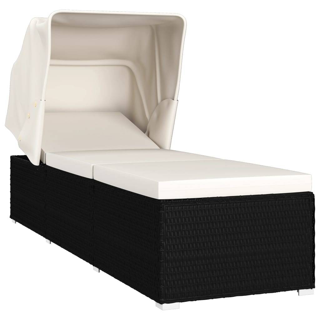Helloshop26 - Transat chaise longue bain de soleil lit de jardin terrasse meuble d'extérieur avec auvent et coussin résine tressée blanc crème - Image 1