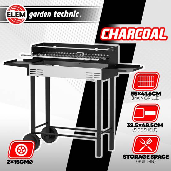 Elem Garden Technic - Barbecue charbon de bois avec roues et broche, surface de cuisson 68x33cm - Image 2