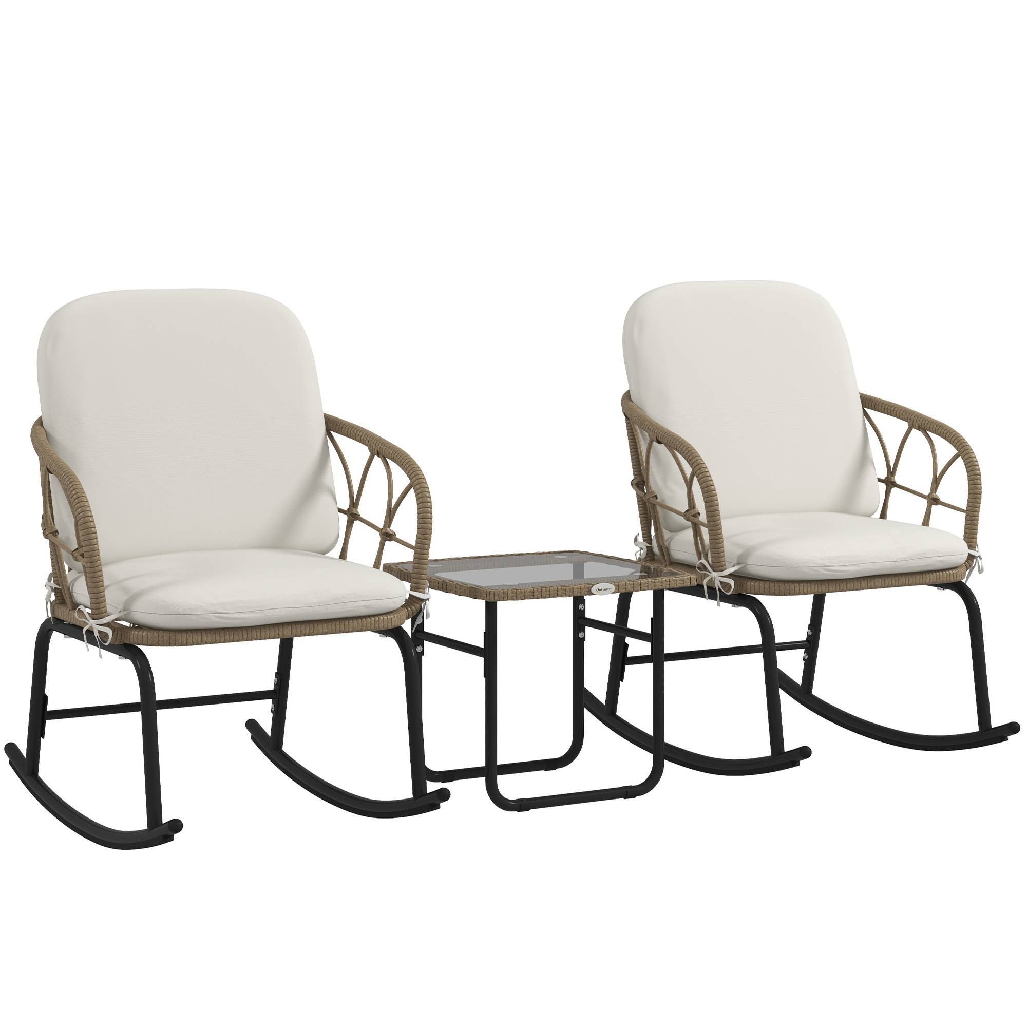 ComfortXL - Salon de jardin rocking-chair 3 pièces en résine tressée jaune et crème table en verre terrasse détente - Image 10