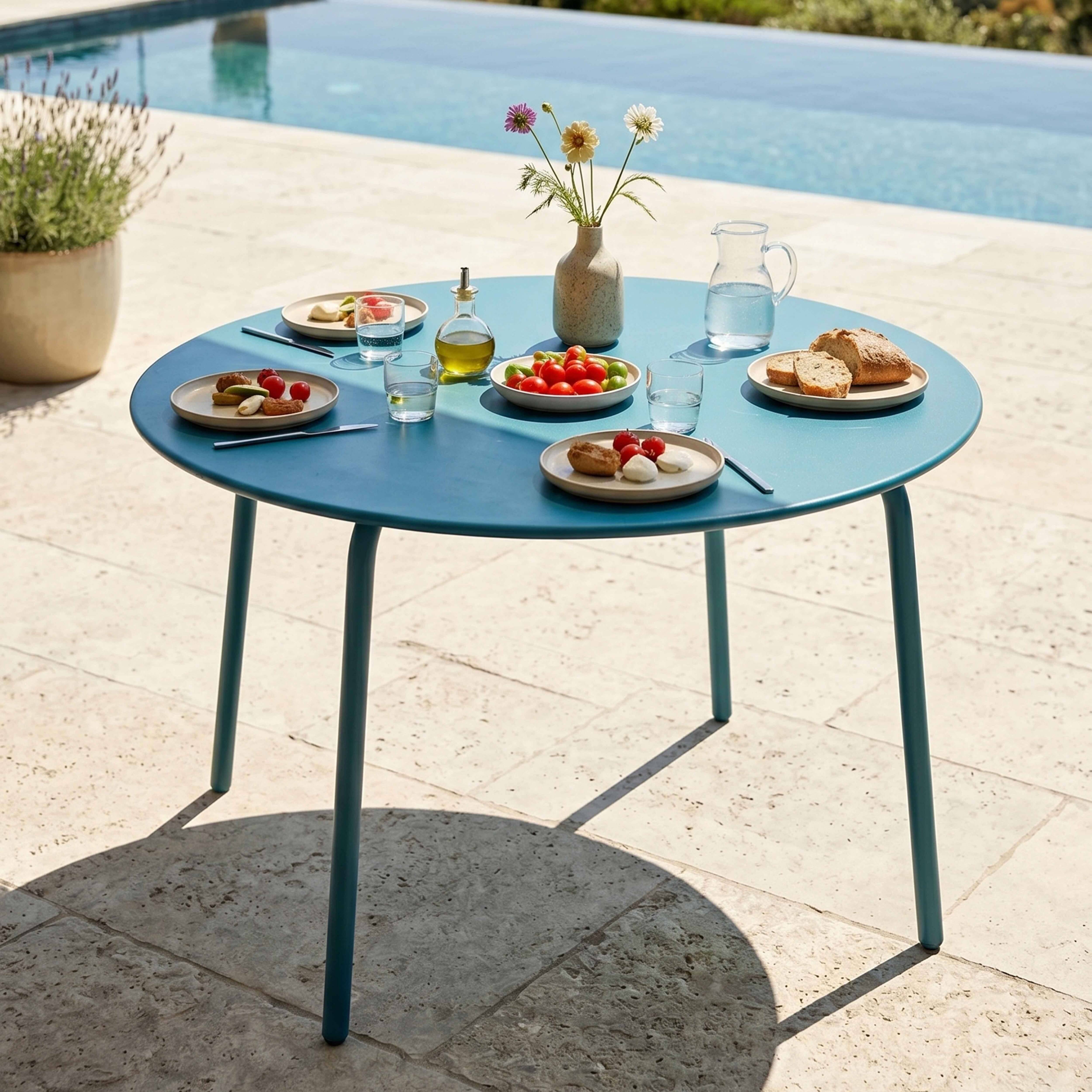 Oviala - Ensemble table de jardin ronde et 6 chaises en métal bleu pacific Palavas - Oviala - Image 3