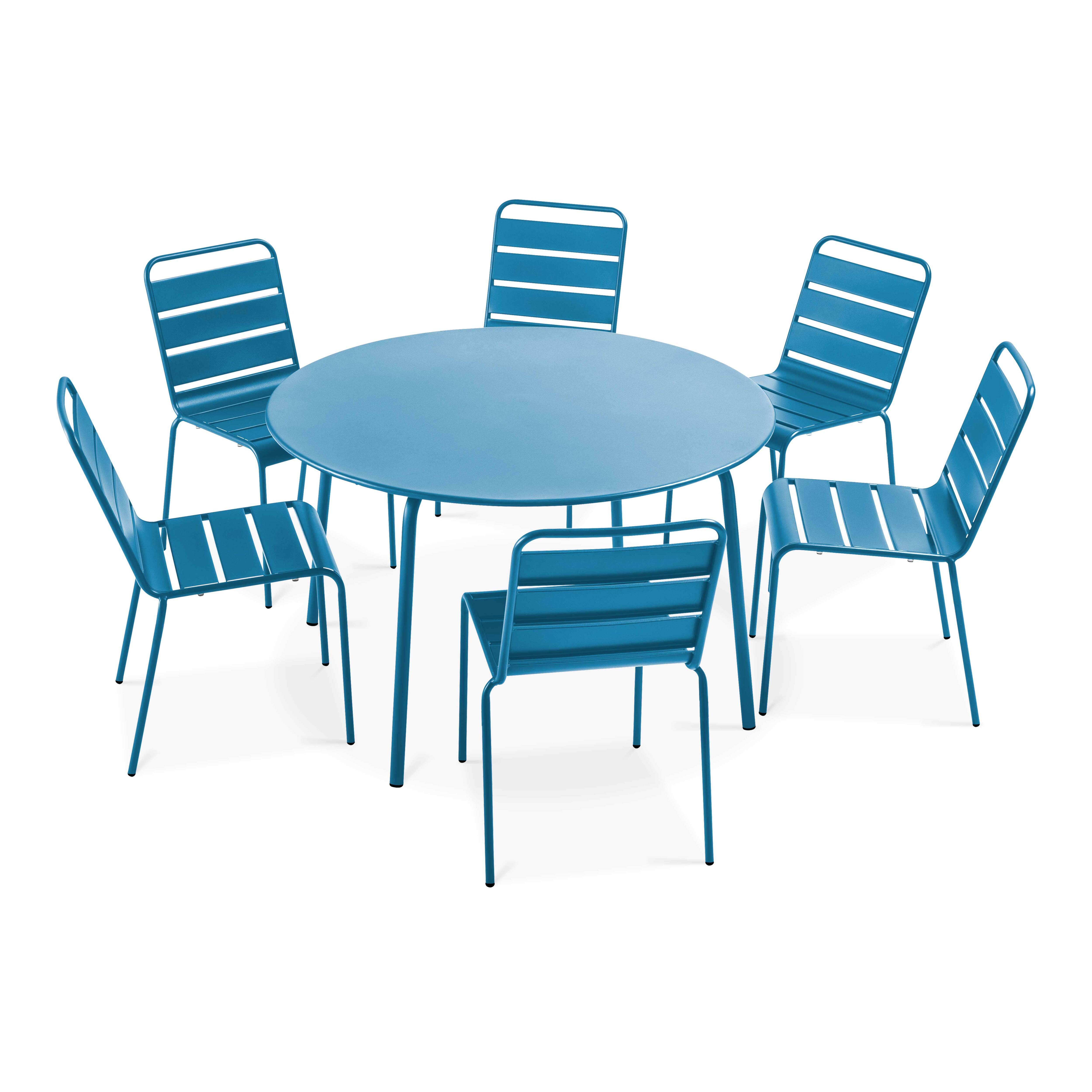 Oviala - Ensemble table de jardin ronde et 6 chaises en métal bleu pacific Palavas - Oviala - Image 1
