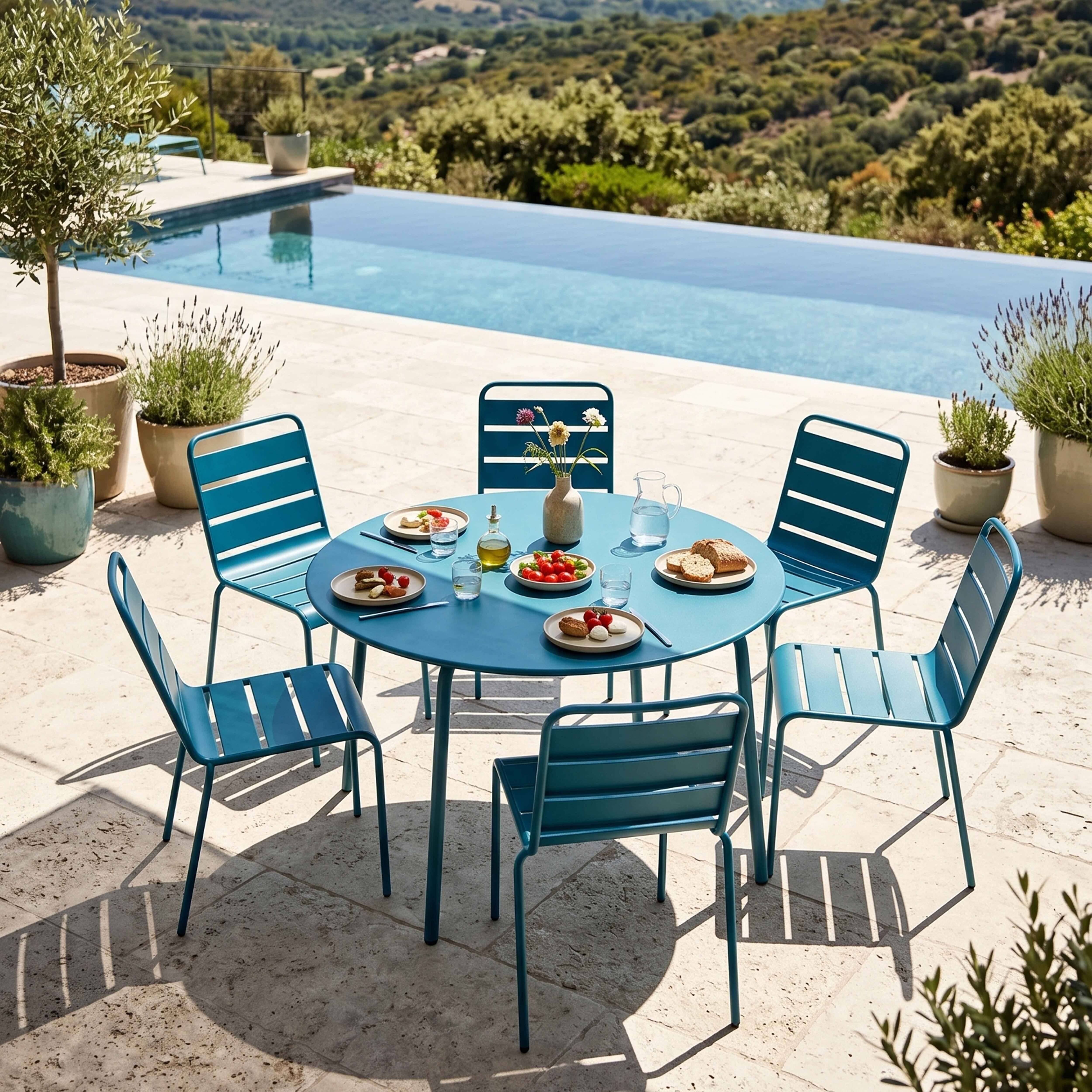 Oviala - Ensemble table de jardin ronde et 6 chaises en métal bleu pacific Palavas - Oviala - Image 2