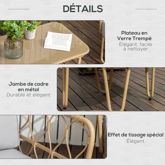 ComfortXL - Salon de Jardin 4 Places Canapé Fauteuils et Table Basse en Corde Tressée Naturel - ComfortXL Outdoor Living - Image 8