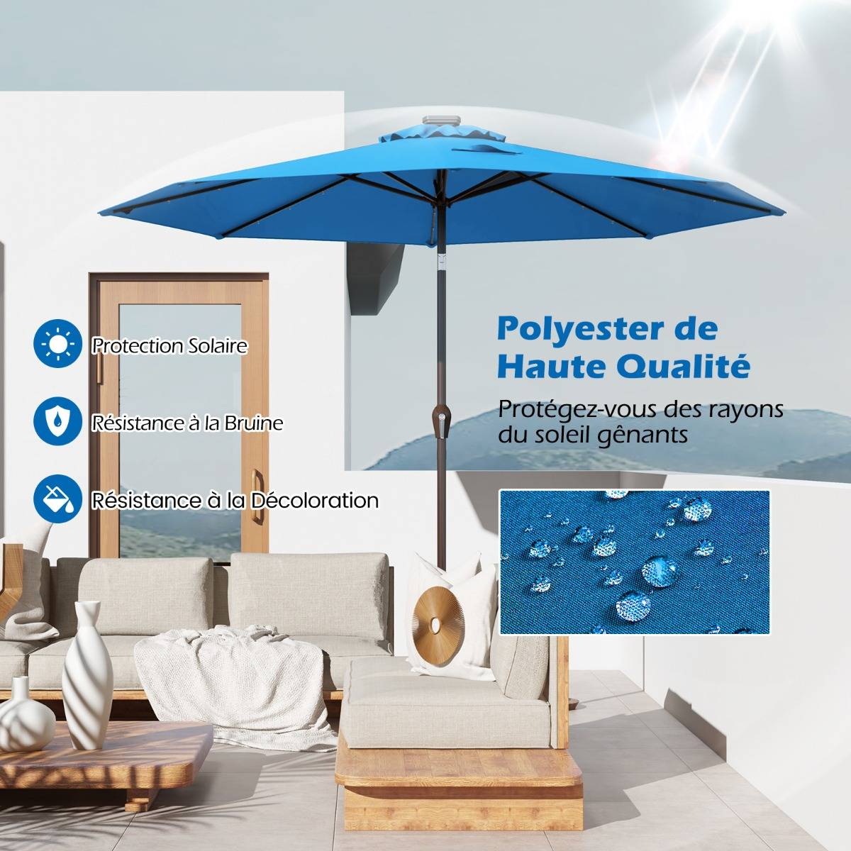 Parasol Inclinable Dia.300cm LED Dolaire en Scier Toile Polyester pour Jardin et Terrasse Bleu - Image 5