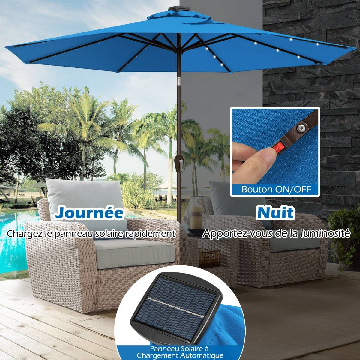 Parasol Inclinable Dia.300cm LED Dolaire en Scier Toile Polyester pour Jardin et Terrasse Bleu - Image 7