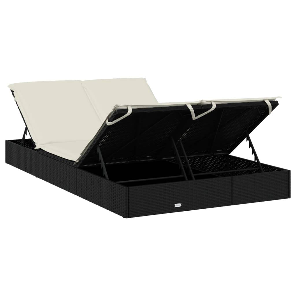 Helloshop26 - Transat chaise longue bain de soleil lit de jardin terrasse meuble d'extérieur à 2 places avec coussins noir résine tressée - Image 6