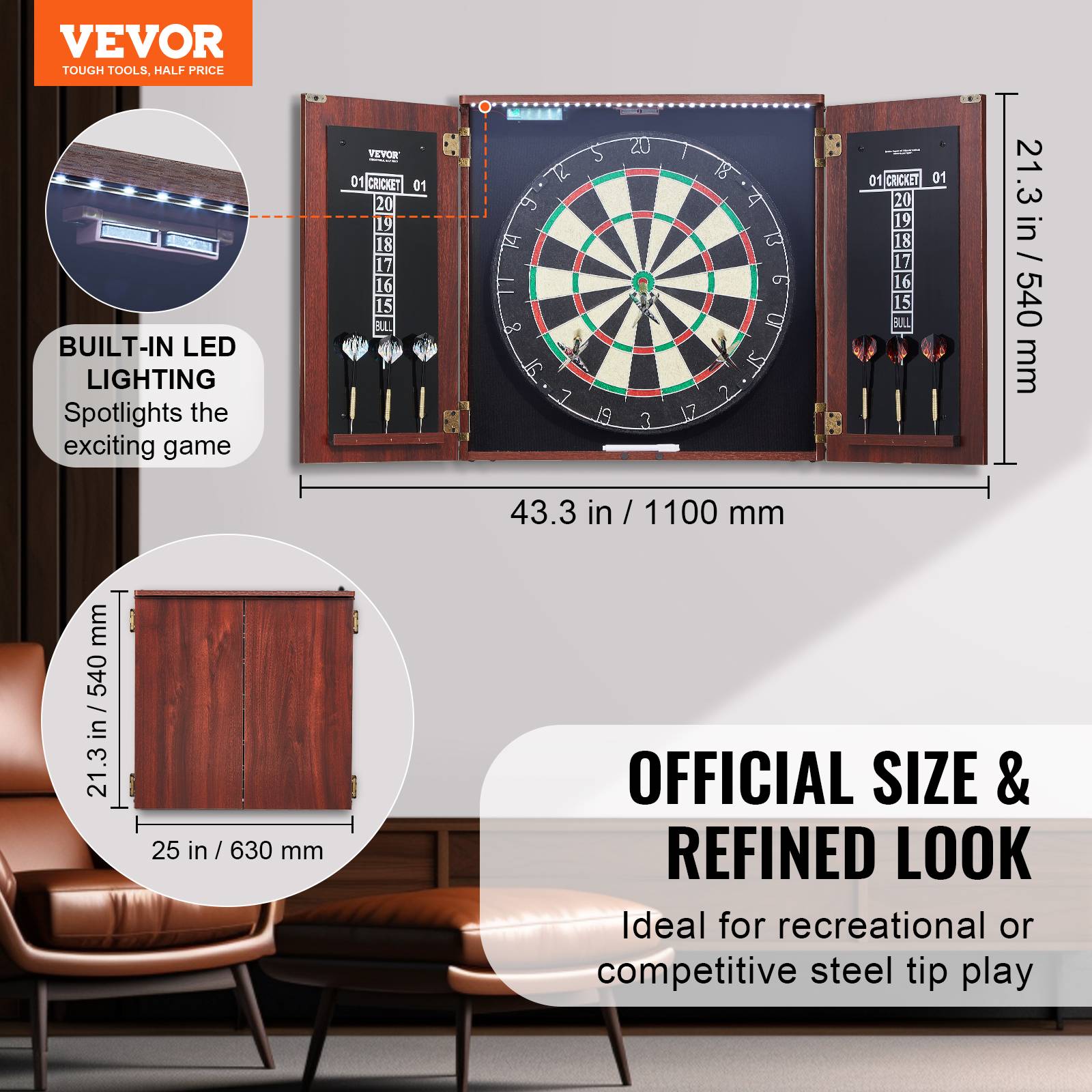 VEVOR Cible fléchettes armoire, taille officielle, LED. Pointe acier, accessoires complets, jeu cricket. - Image 2