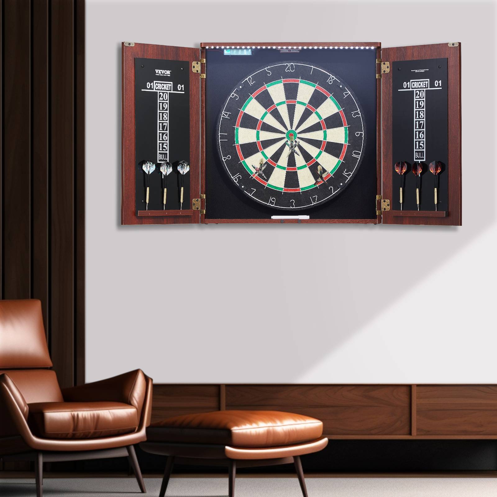 VEVOR Cible fléchettes armoire, taille officielle, LED. Pointe acier, accessoires complets, jeu cricket. - Image 8