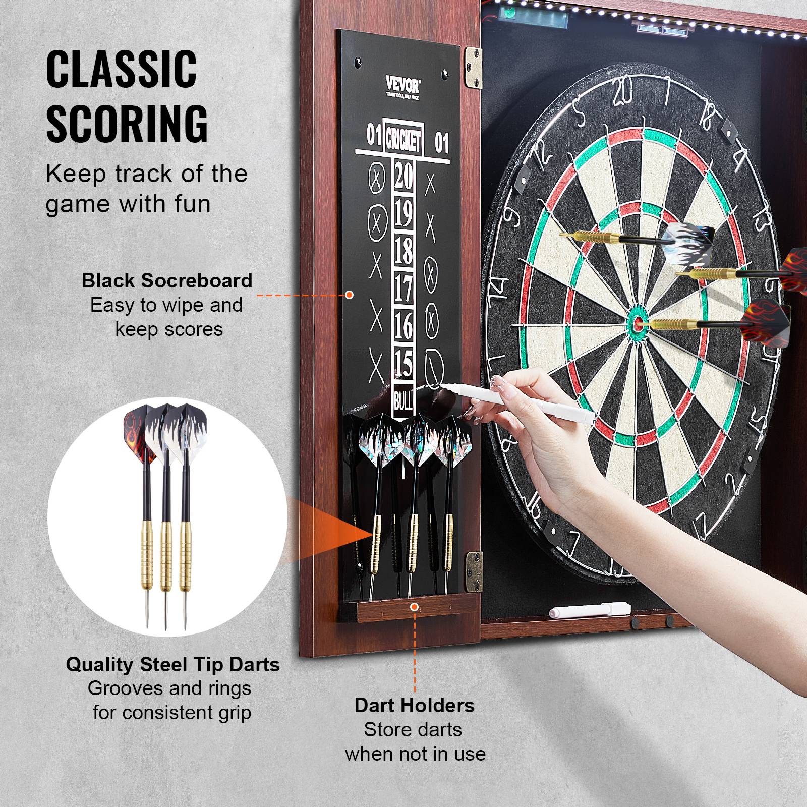 VEVOR Cible fléchettes armoire, taille officielle, LED. Pointe acier, accessoires complets, jeu cricket. - Image 4