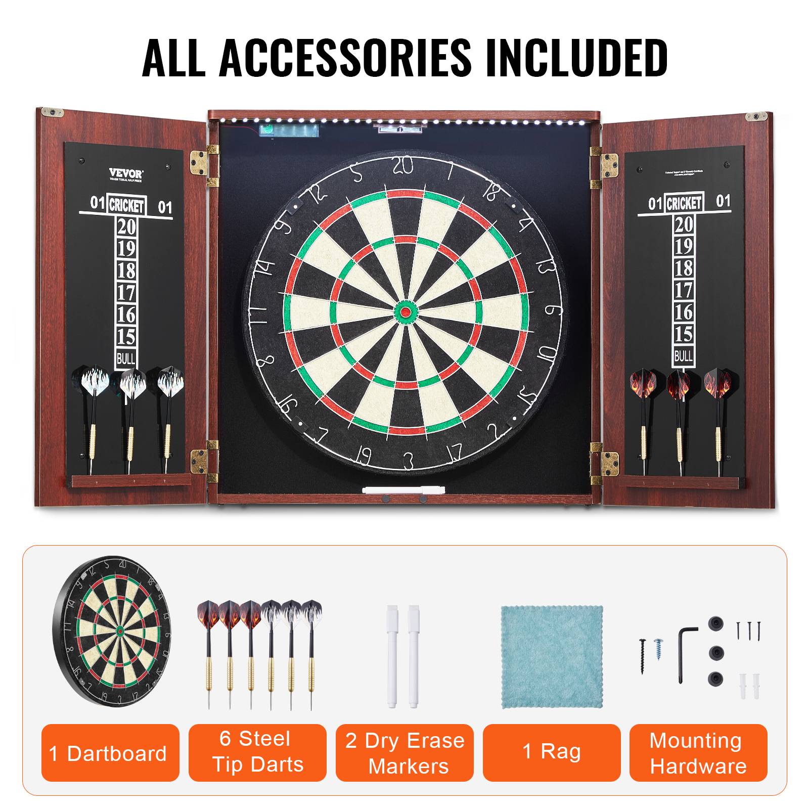 VEVOR Cible fléchettes armoire, taille officielle, LED. Pointe acier, accessoires complets, jeu cricket. - Image 6