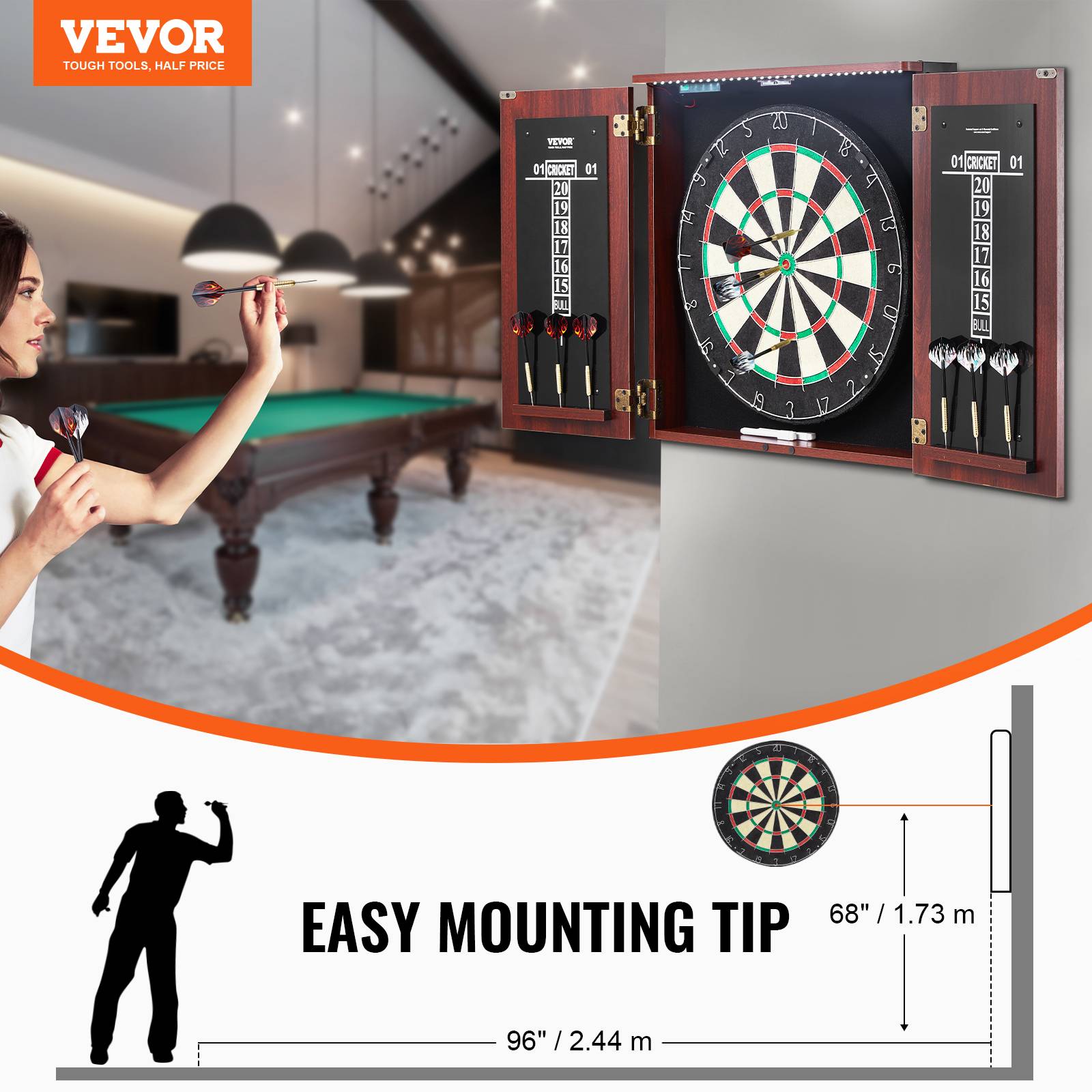 VEVOR Cible fléchettes armoire, taille officielle, LED. Pointe acier, accessoires complets, jeu cricket. - Image 7