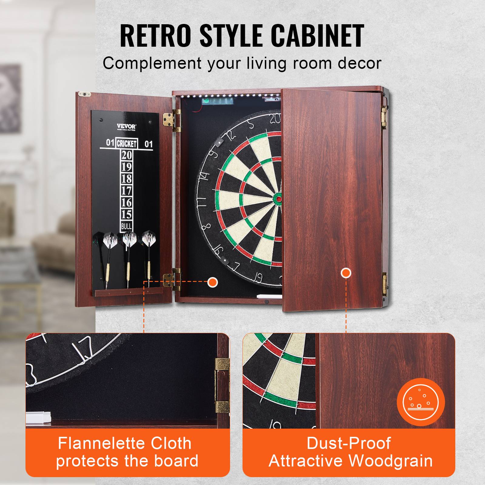 VEVOR Cible fléchettes armoire, taille officielle, LED. Pointe acier, accessoires complets, jeu cricket. - Image 5