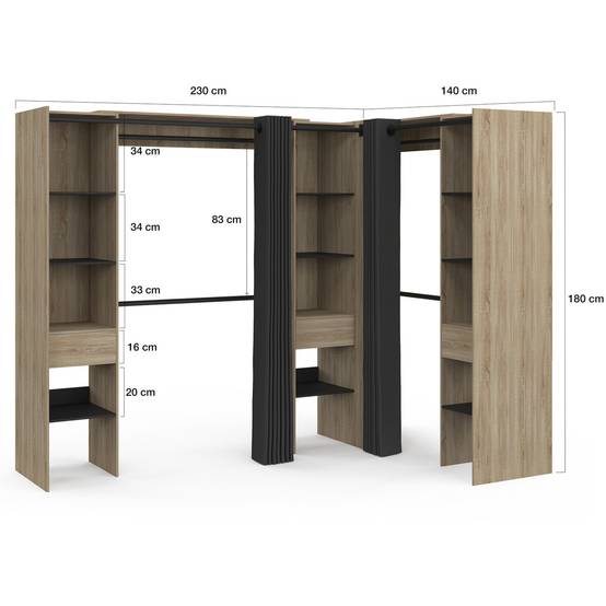 Dressing extensible d'angle MARLON 230 x 140 x 180 cm hêtre avec penderies + étagères + rideaux noirs - Image 4