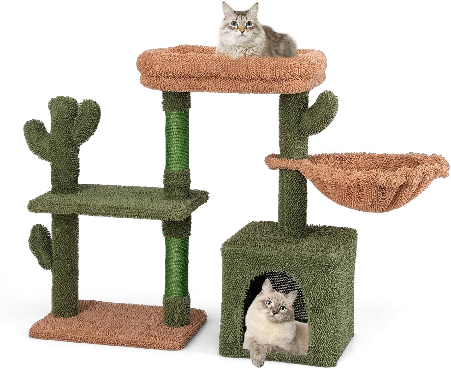 COSTWAY Arbre à Chat Cactus 81 cm, Tour pour Chat à 4 Étages, 3 Plateformes, Petit Arbre à Chat, Poteaux à Griffer en Sisal, Coussin Amovible, Vert
