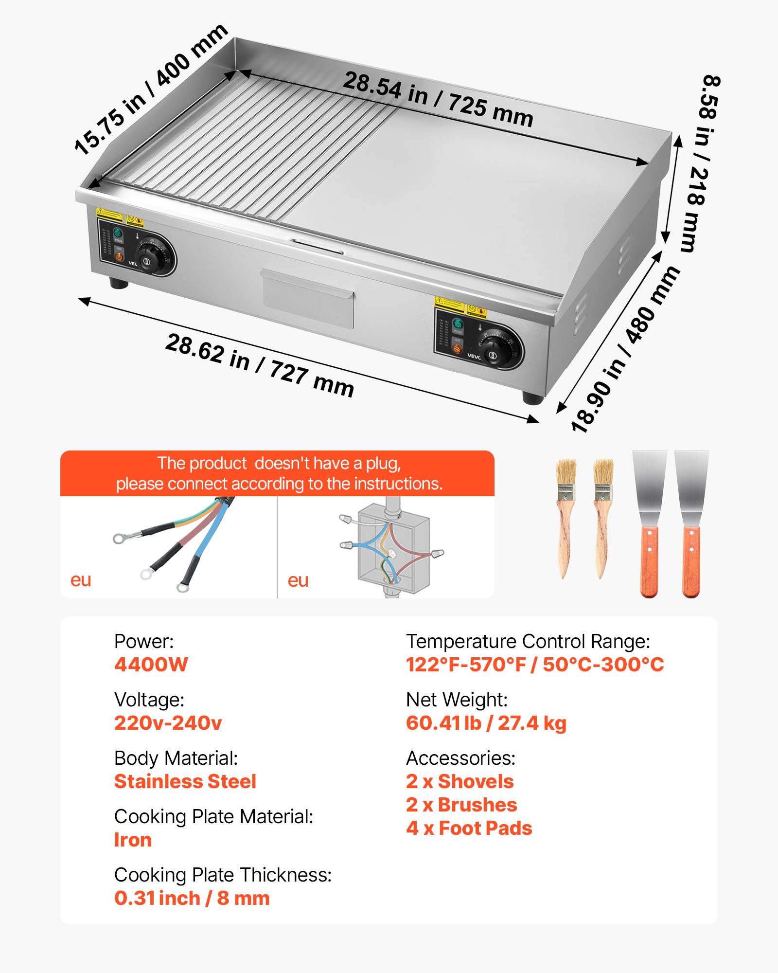 Vevor - VEVOR Plancha Électrique Plaque à Snacker 72,5x40cm 4400W Barbecue (SANS PRISE) - Image 7